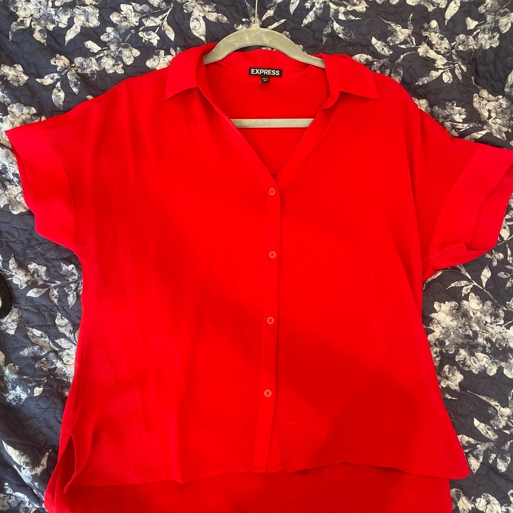 Express Red Boxy Button Down Shirt with Notched Collar